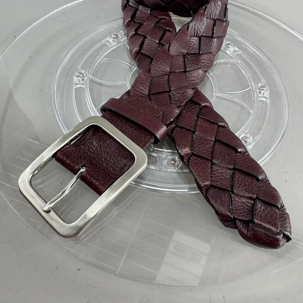 Unbranded Unisex Woven Braided Leather Belt Silver Buckle Burgundy Wine Size 28